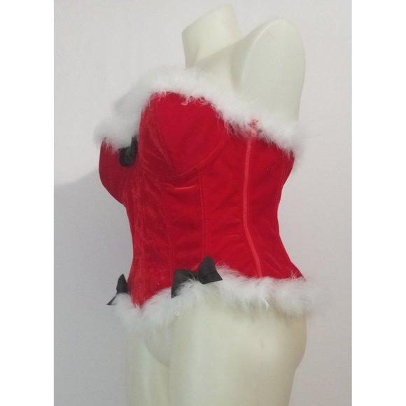 Velvet Christmas Santa Corset White Fur Bows Boned Lace Up Back w/Zip Sz XL - Picture 2 of 5